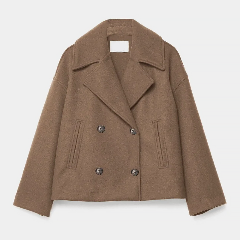 Women's Cropped Double-Breasted Coat with Lapel Collar