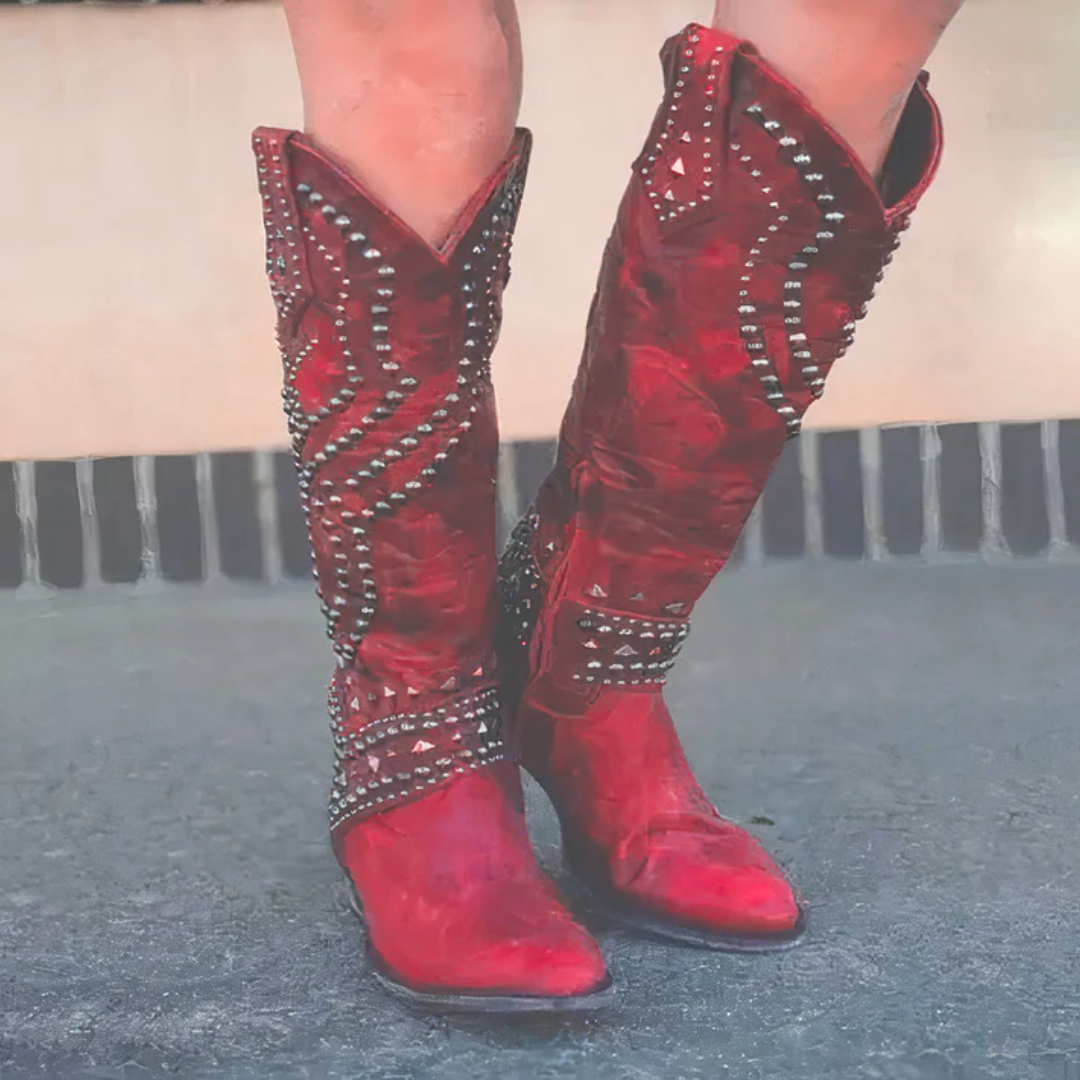 Women's Knee-High Cowboy Boots – Leather Look – Pointed Toe – Stud Styling – Stacked Heel
