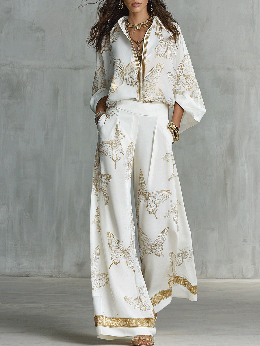 Bohemian-style blouse and wide-leg pants set in butterfly jacquard, featuring a soft cream color. 0