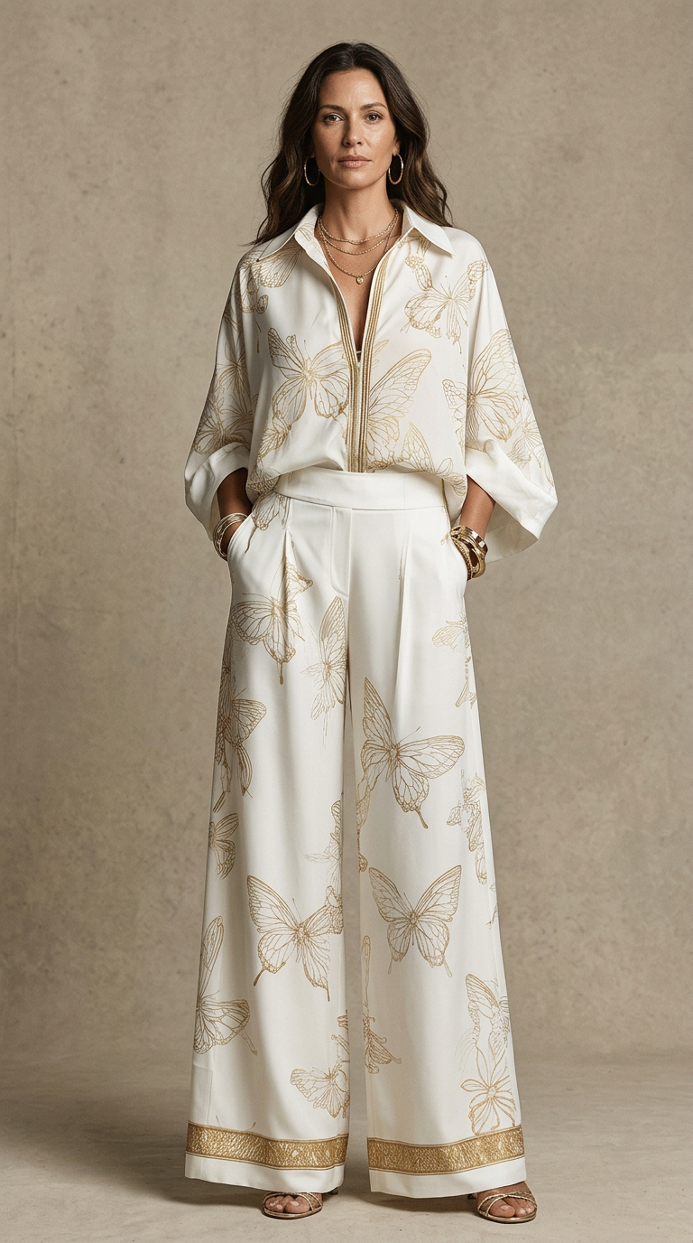 Bohemian-style blouse and wide-leg pants set in butterfly jacquard, featuring a soft cream color. 1