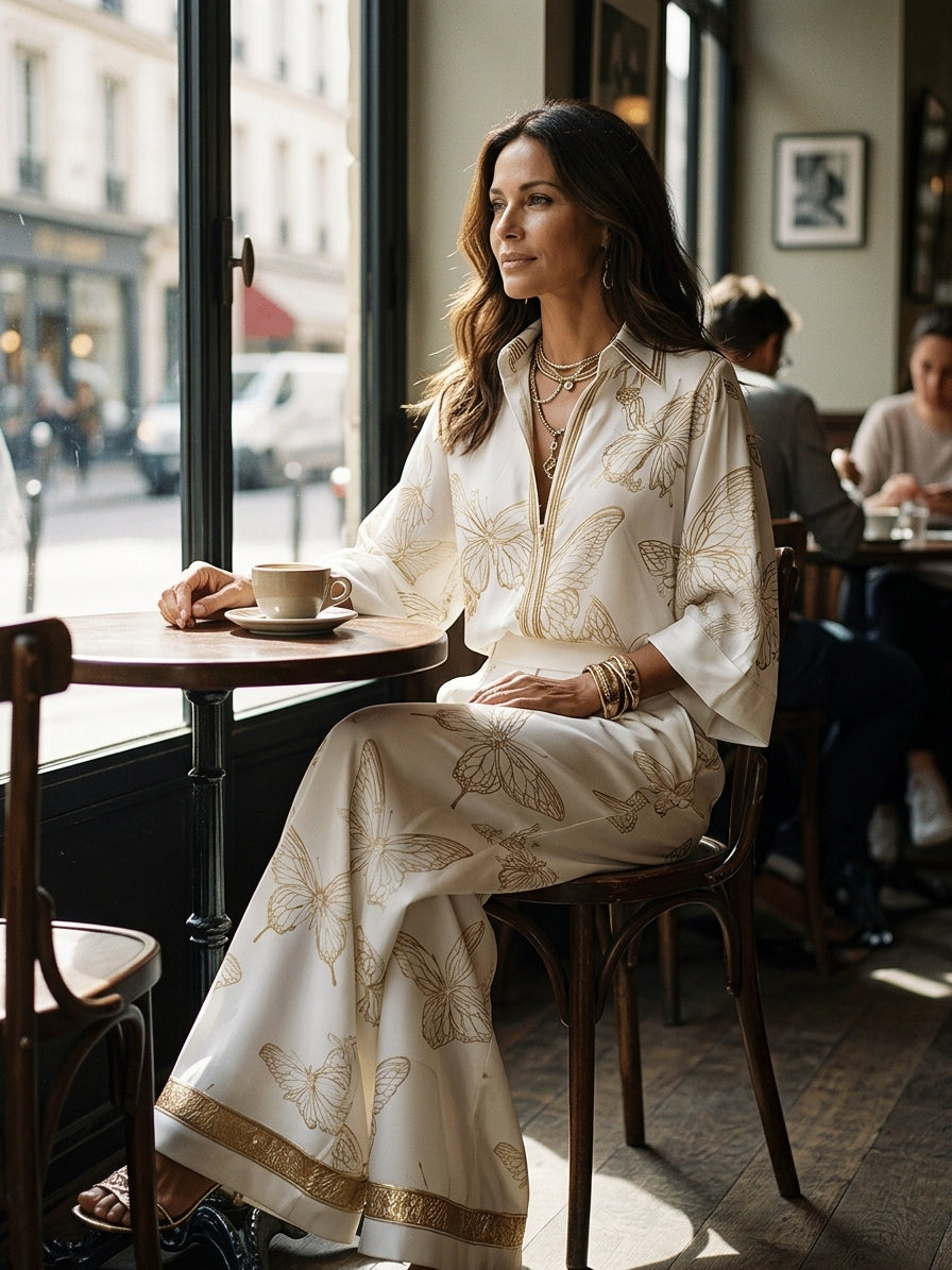 Bohemian-style blouse and wide-leg pants set in butterfly jacquard, featuring a soft cream color. 2