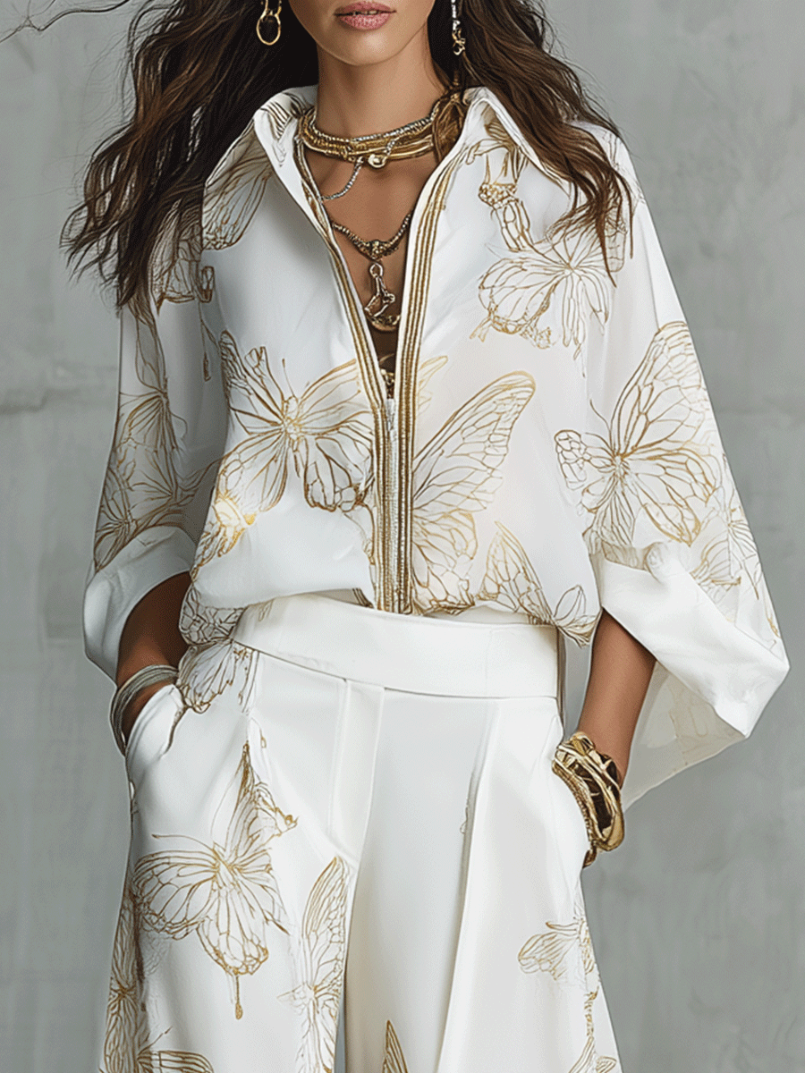 Bohemian-style blouse and wide-leg pants set in butterfly jacquard, featuring a soft cream color. 5