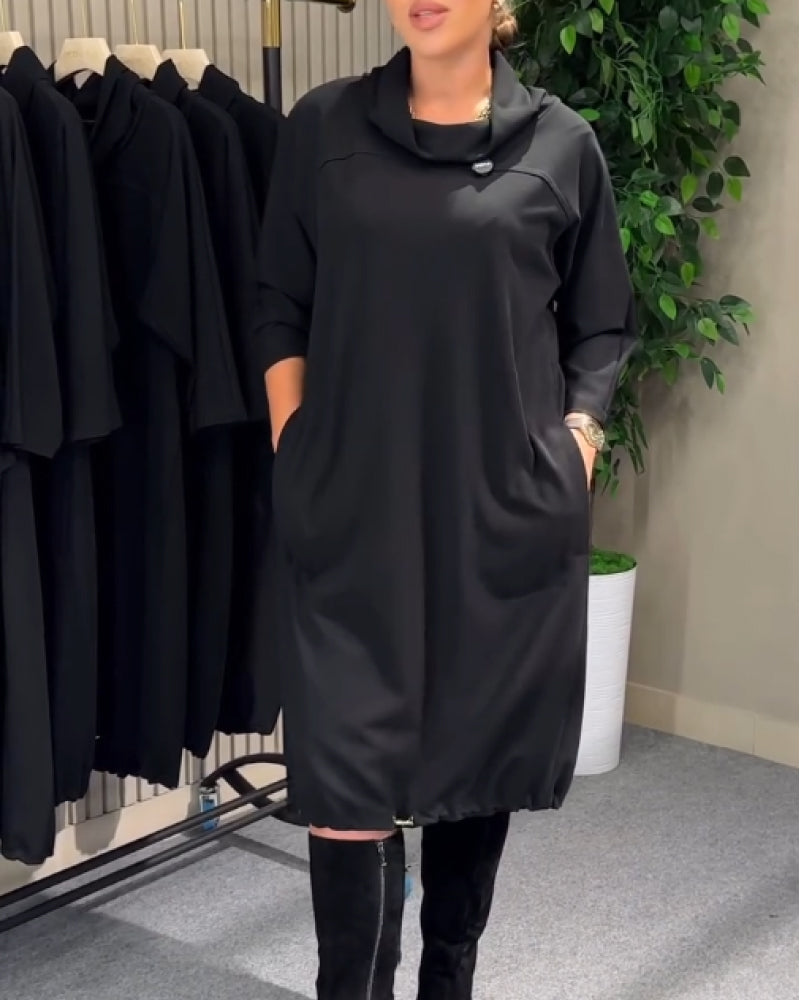 Kaelira - Women's dress with flowing draped collar and practical pockets