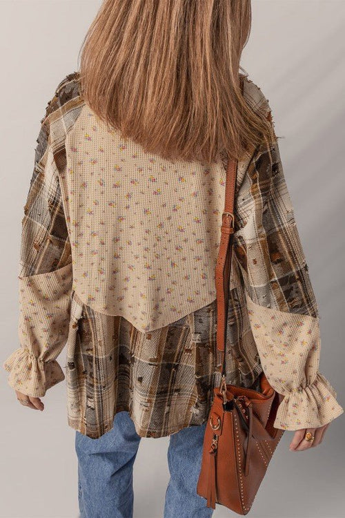 Boho | Floral Plaid Patchwork Ruffle Sleeve Waffle