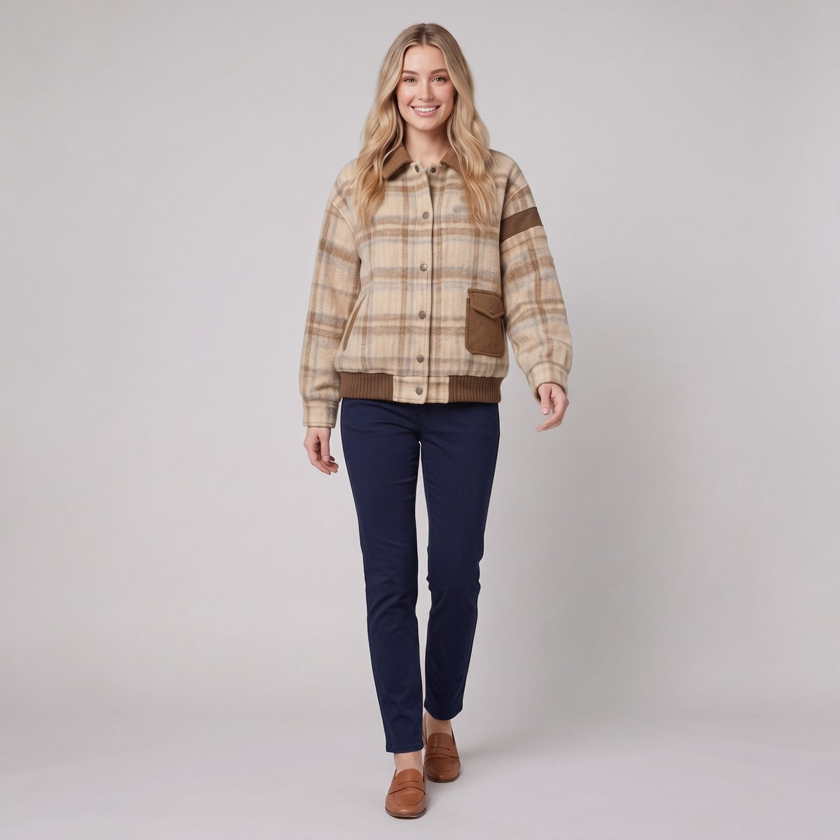 Women's Checkered Blazer – Beige, Tailored