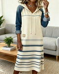 Ceralyn - Casual Hooded Dress with Striped Patchwork Pattern