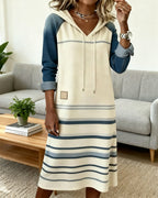 Ceralyn - Casual Hooded Dress with Striped Patchwork Pattern