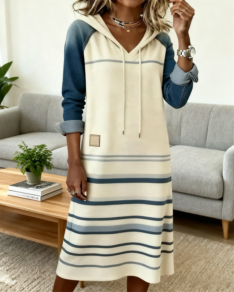 Ceralyn - Casual Hooded Dress with Striped Patchwork Pattern