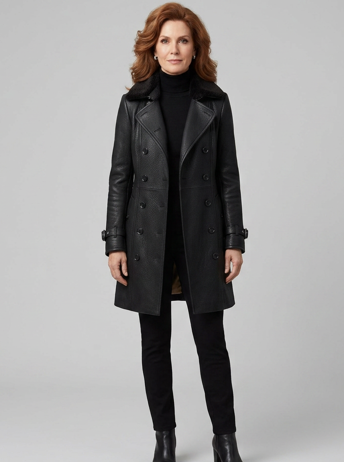 Women's 3/4 Leather Coat - Tailored, Black
