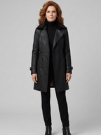 Women's 3/4 Leather Coat - Tailored, Black