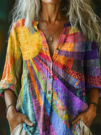 Delyne - Bohemian Dress in Cotton and Linen with Multicolored Patchwork