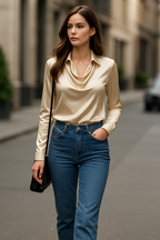 Ikata | Shiny Blouse with Pleated Neckline