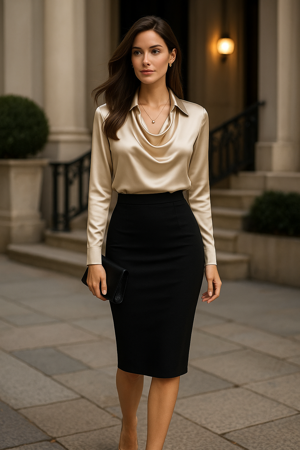 Ikata | Shiny Blouse with Pleated Neckline