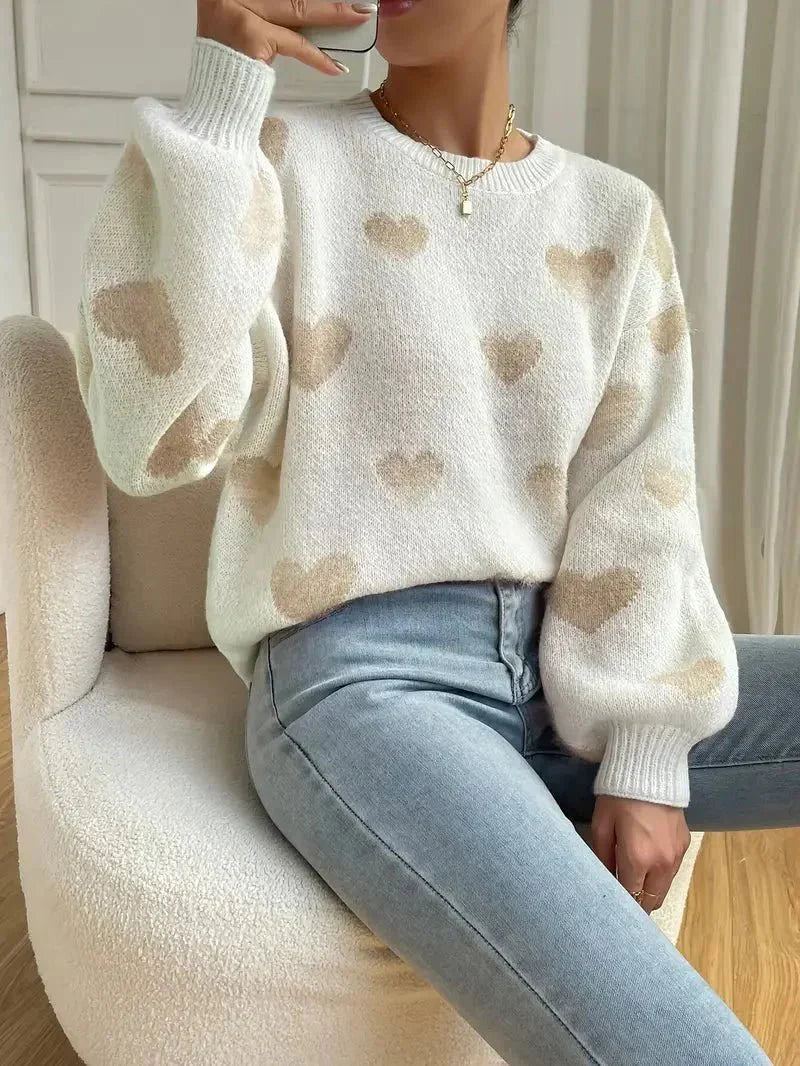 Heart Pattern Fleece Pullover Sweater | Soft Plush Fabric | Relaxed Fit | Cozy Casual Wear