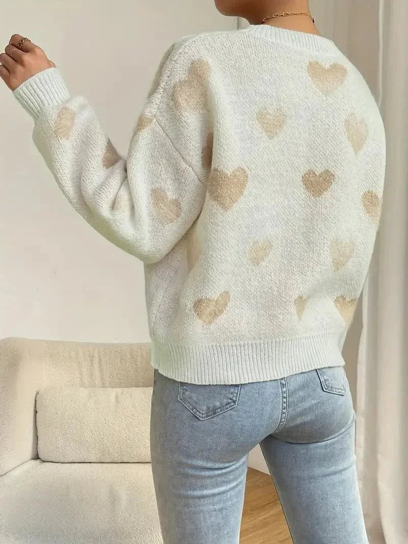 Heart Pattern Fleece Pullover Sweater | Soft Plush Fabric | Relaxed Fit | Cozy Casual Wear
