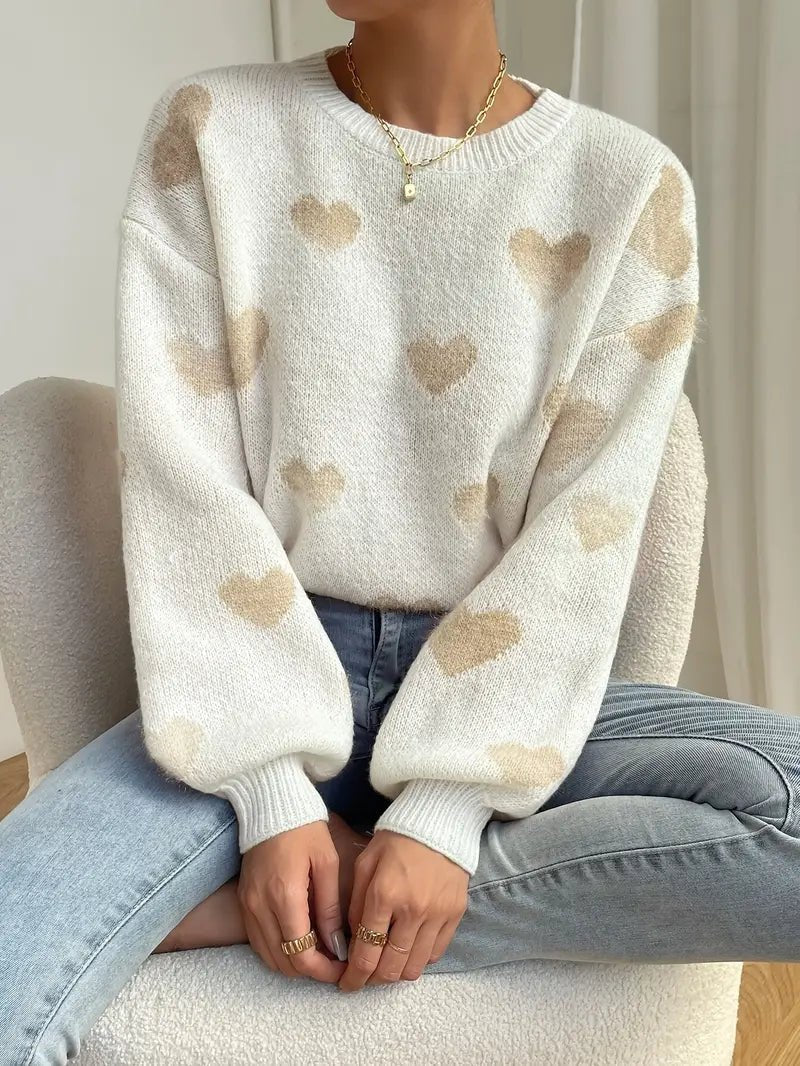 Heart Pattern Fleece Pullover Sweater | Soft Plush Fabric | Relaxed Fit | Cozy Casual Wear