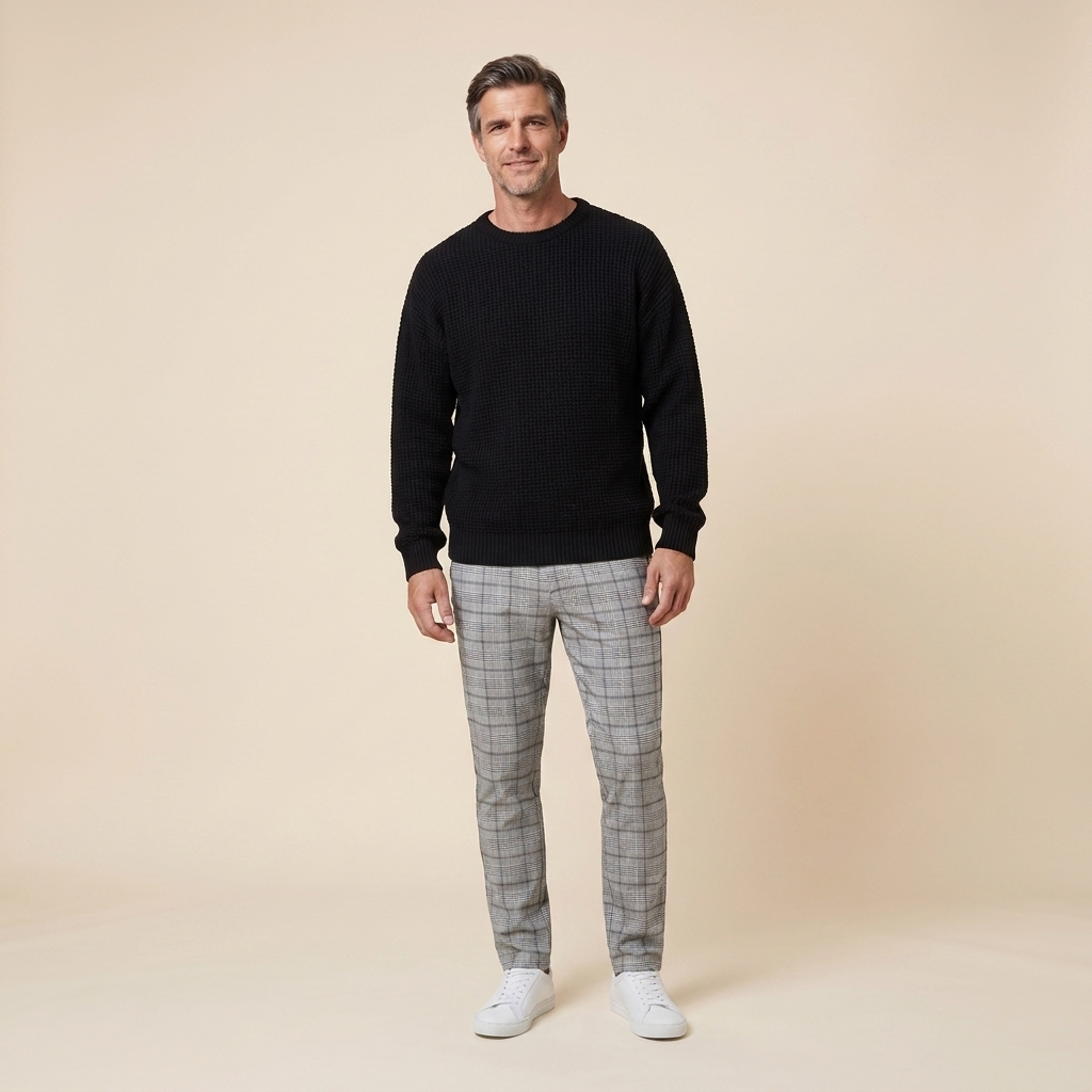 Vera Noir Kenton waffle-knit sweater in black, front view on model