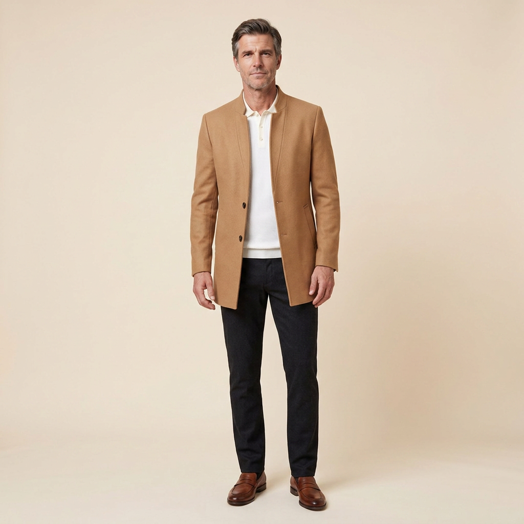 Jaxon collarless wool coat, camel