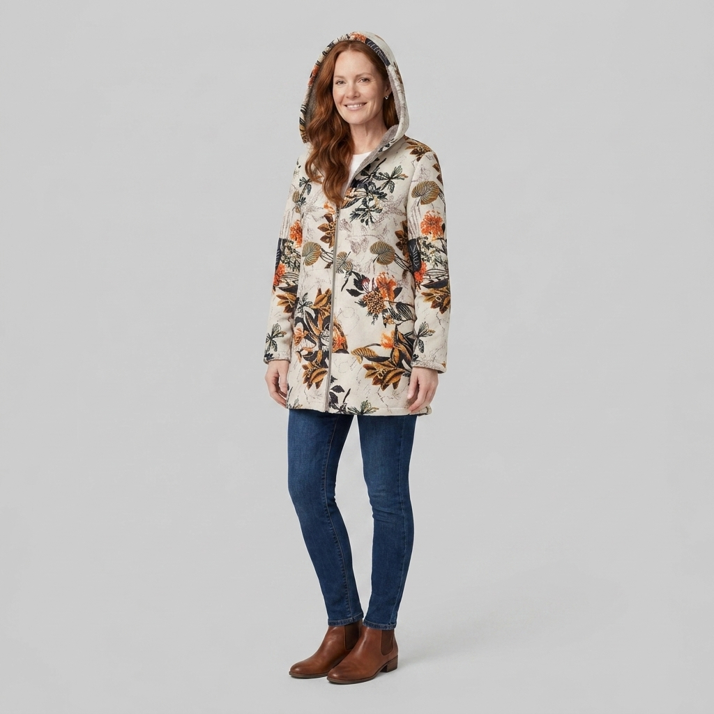 Women's Floral Winter Parka, Fleece-Lined, Hooded, Front Zip