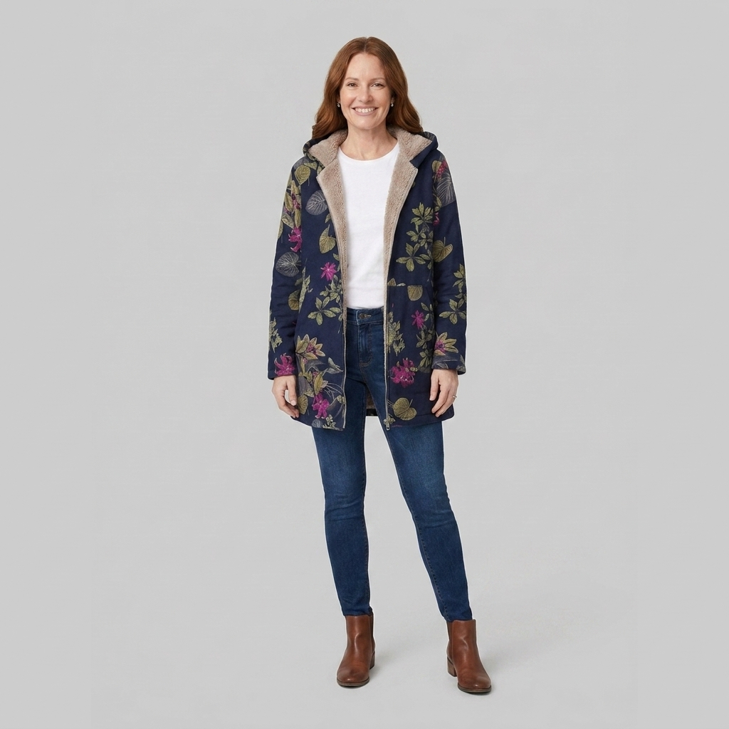 Women's Floral Winter Parka, Fleece-Lined, Hooded, Front Zip