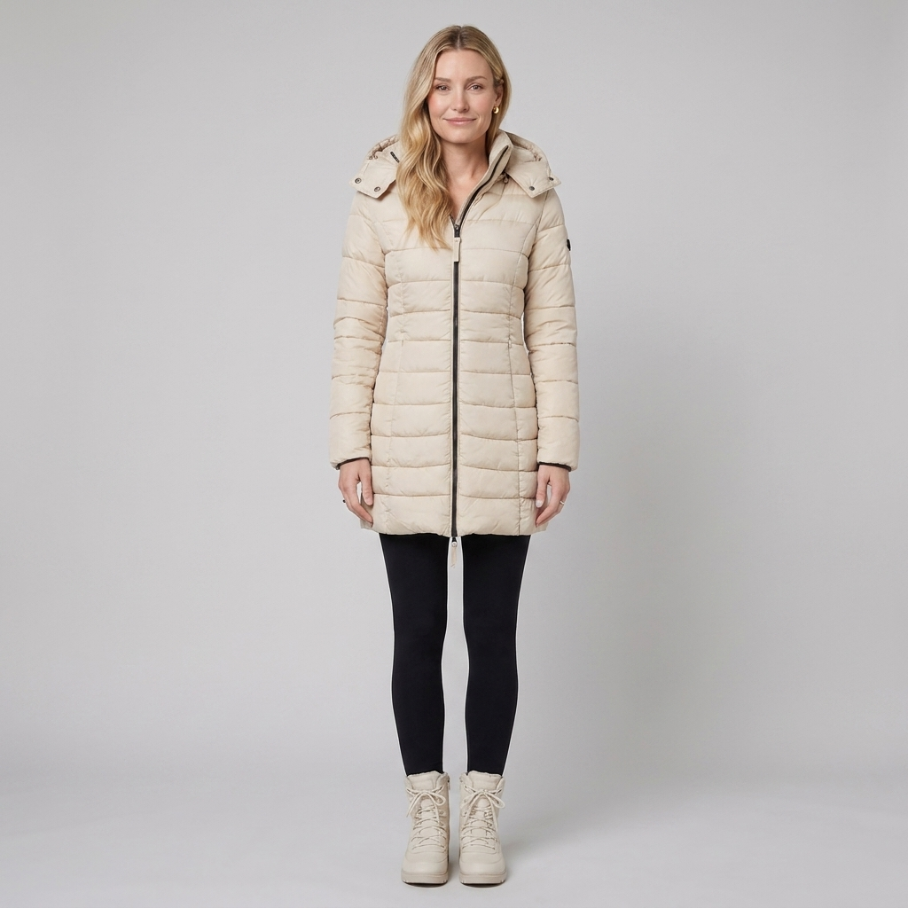 Women's Long Puffer Coat - Beige, Hooded Winter Coat