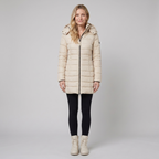 Women's Long Puffer Coat - Beige, Hooded Winter Coat