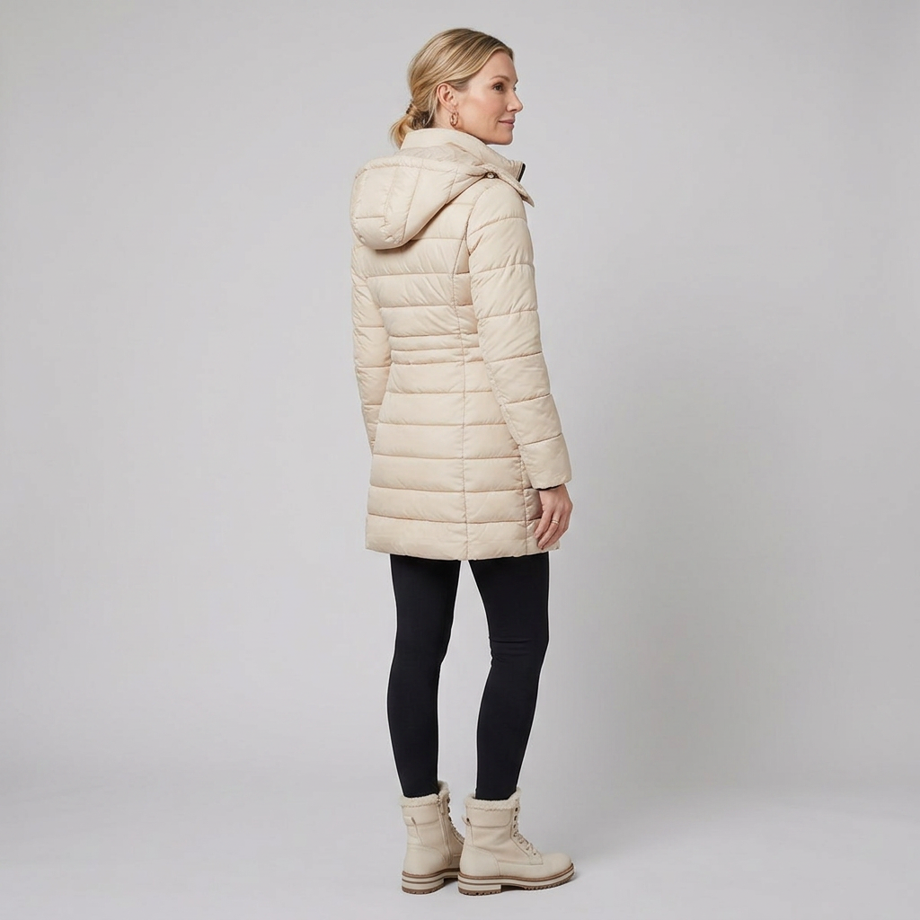 Women's Long Puffer Coat - Beige, Hooded Winter Coat