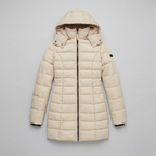 Women's Long Puffer Coat - Beige, Hooded Winter Coat