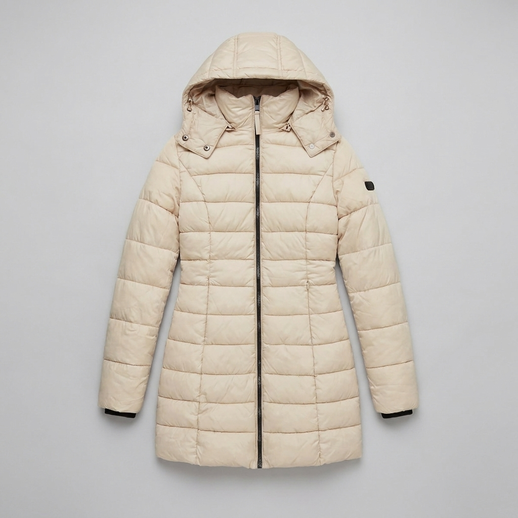 Women's Long Puffer Coat - Beige, Hooded Winter Coat