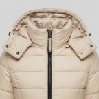 Women's Long Puffer Coat - Beige, Hooded Winter Coat