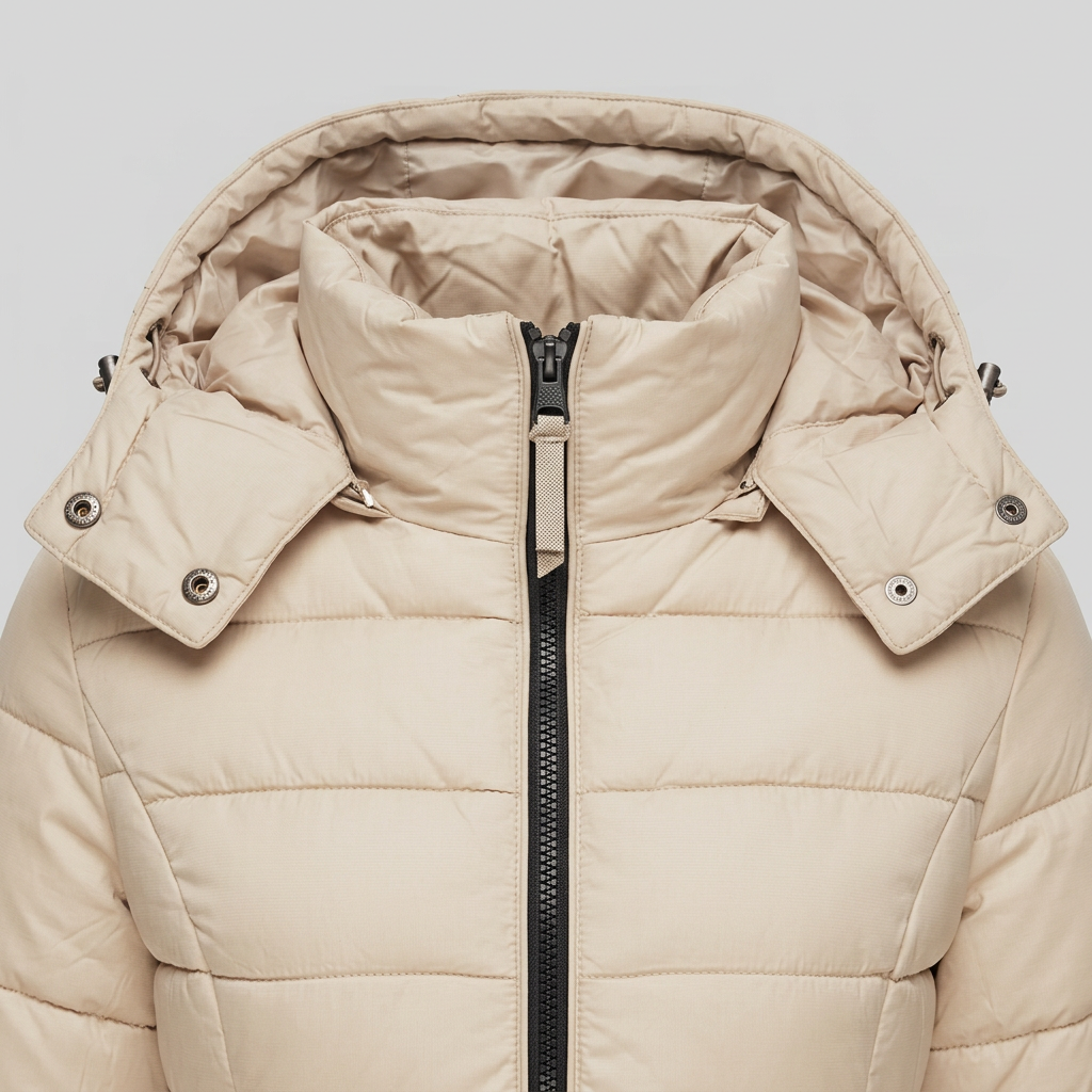 Women's Long Puffer Coat - Beige, Hooded Winter Coat