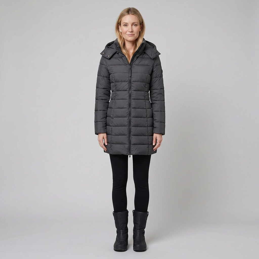 Women's Long Puffer Coat - Beige, Hooded Winter Coat