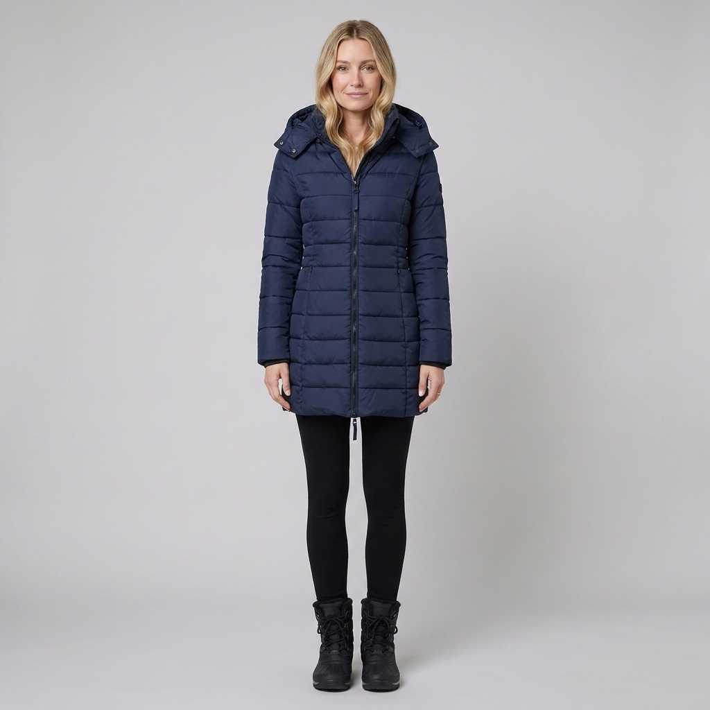 Women's Long Puffer Coat - Beige, Hooded Winter Coat