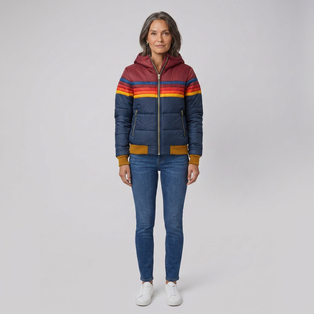 Marietta rainbow-stripe hooded puffer jacket, navy front
