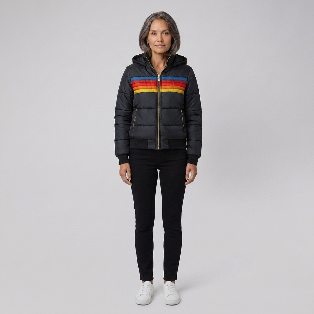 Marietta rainbow-stripe hooded puffer jacket, black front