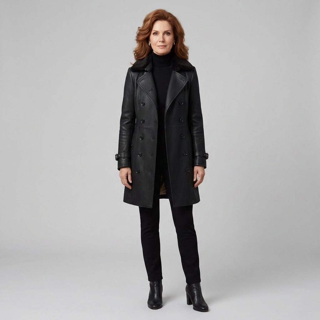 Women's 3/4 Leather Coat - Tailored, Black