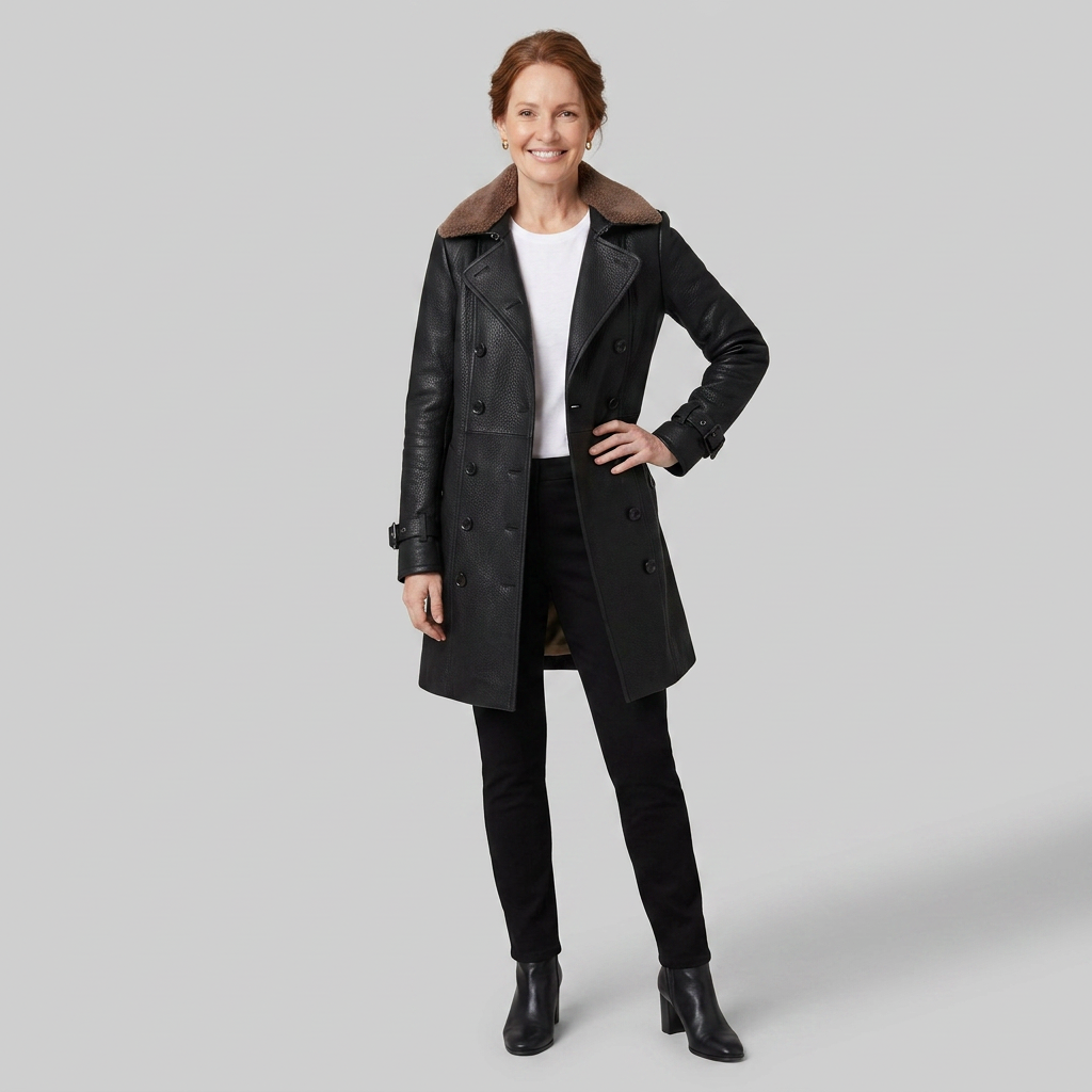 Women's 3/4 Leather Coat - Tailored, Black