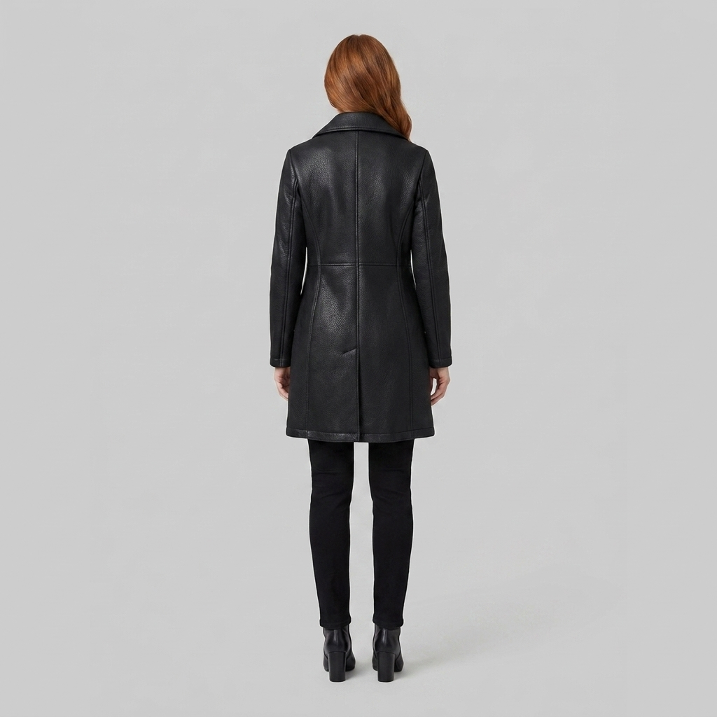 Women's 3/4 Leather Coat - Tailored, Black