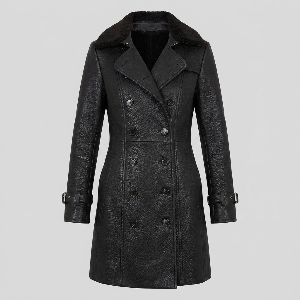 Women's 3/4 Leather Coat - Tailored, Black