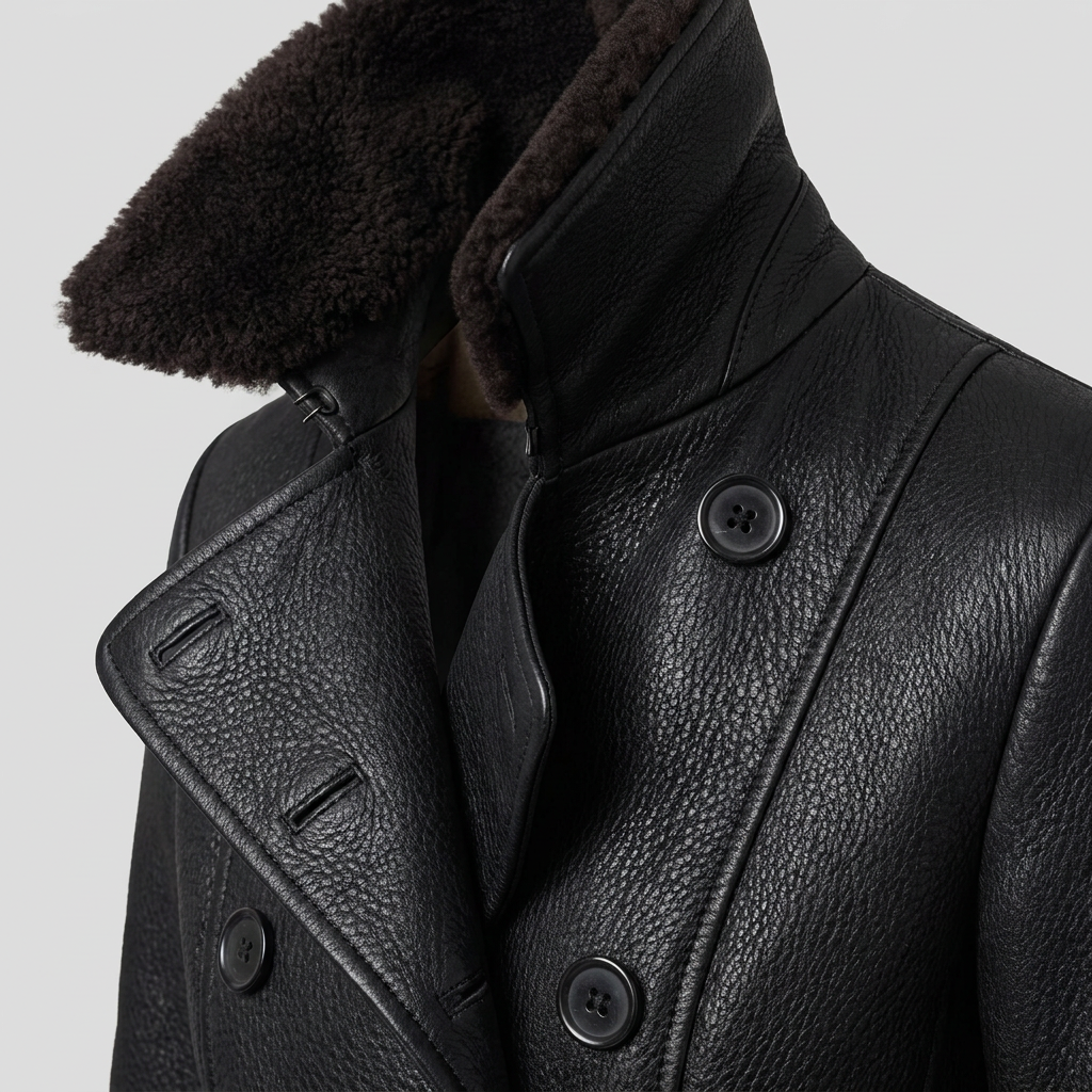 Women's 3/4 Leather Coat - Tailored, Black