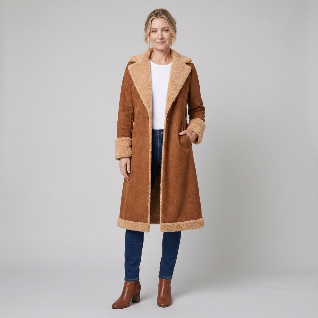 Jovia suede coat pose