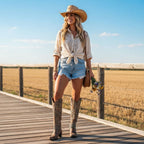 Women's Knee-High Cowboy Boots – Leather Look – Pointed Toe – Stud Styling – Stacked Heel