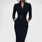 Irielle - Elegant Black Dress with Belt and Mao Collar