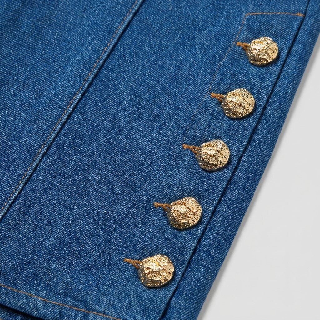 Kendra denim flared pants, gold shank button detail