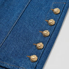 Kendra denim flared pants, gold shank button detail