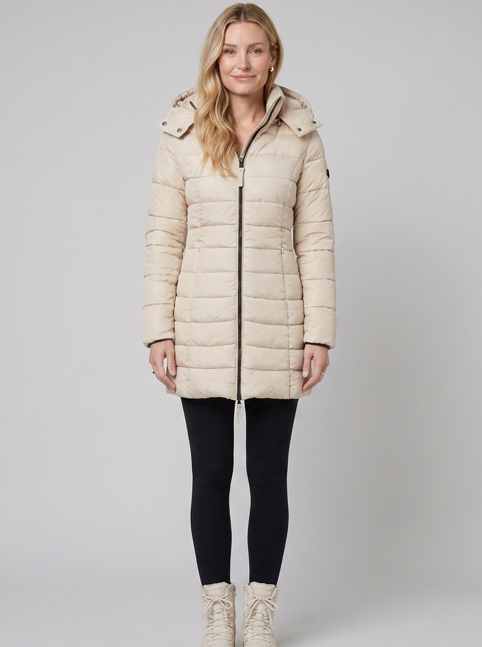 Women's Long Puffer Coat - Beige, Hooded Winter Coat
