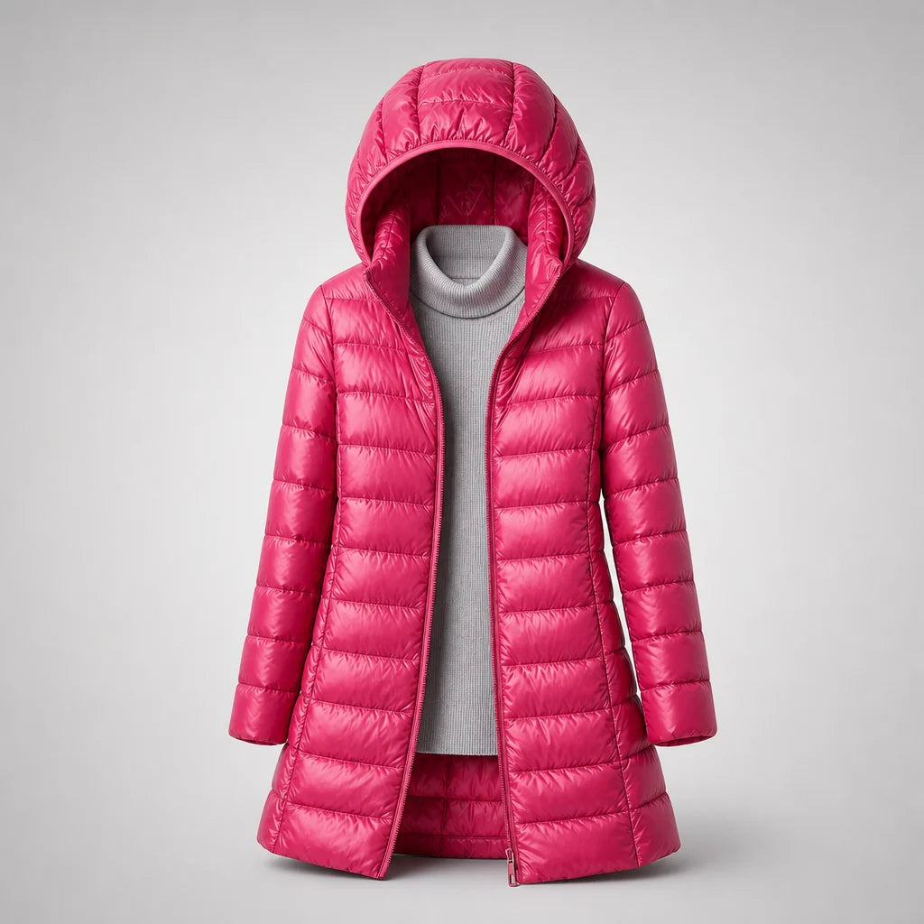Leonora ultralight hooded puffer coat, burgundy