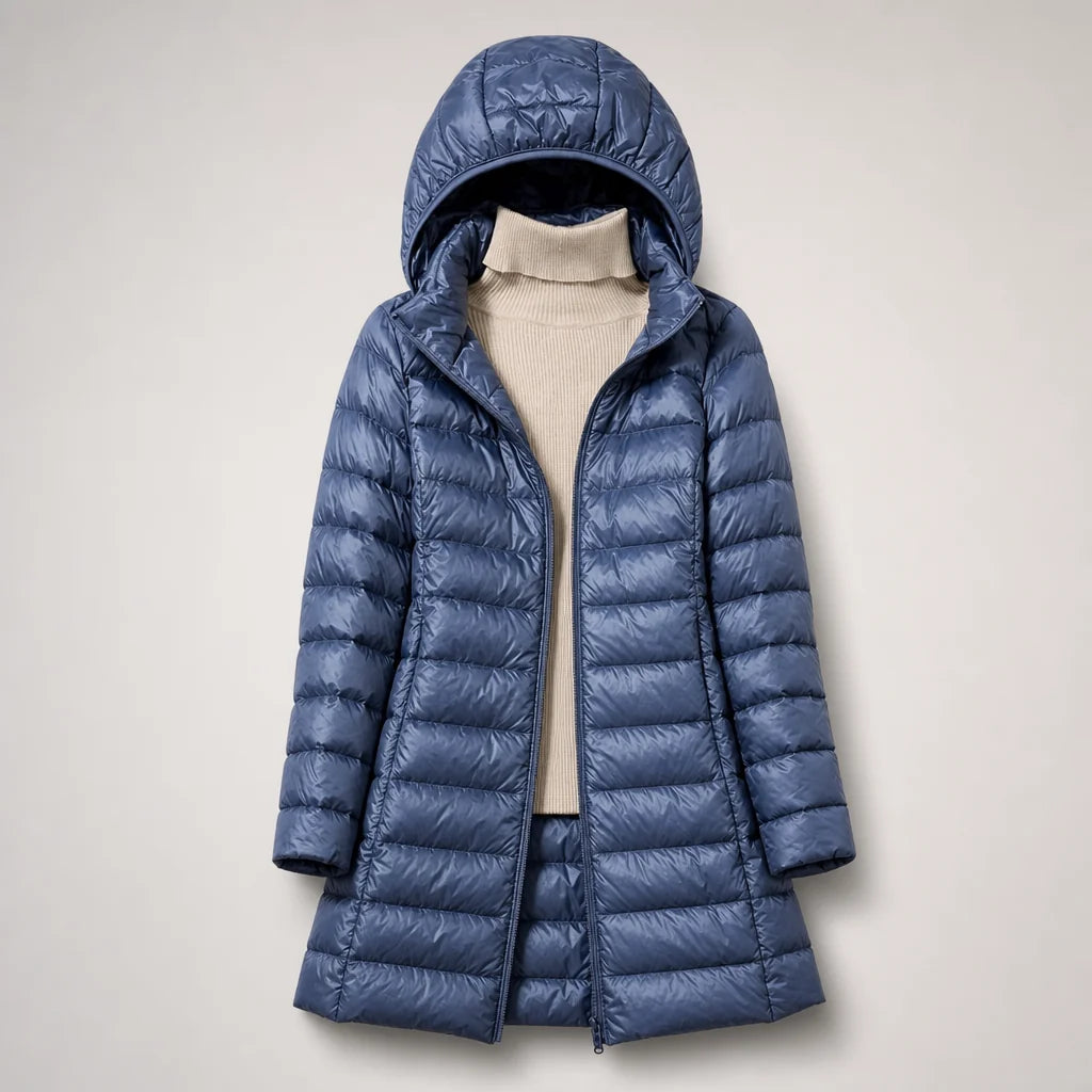 Leonora ultralight hooded puffer coat, denim blue