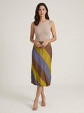 Odette diagonal striped silk midi skirt, front view, matching clear strap mule sandals