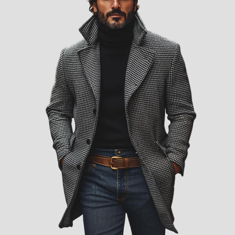 Asher Houndstooth Notch Lapel Mid-Length Coat – back view